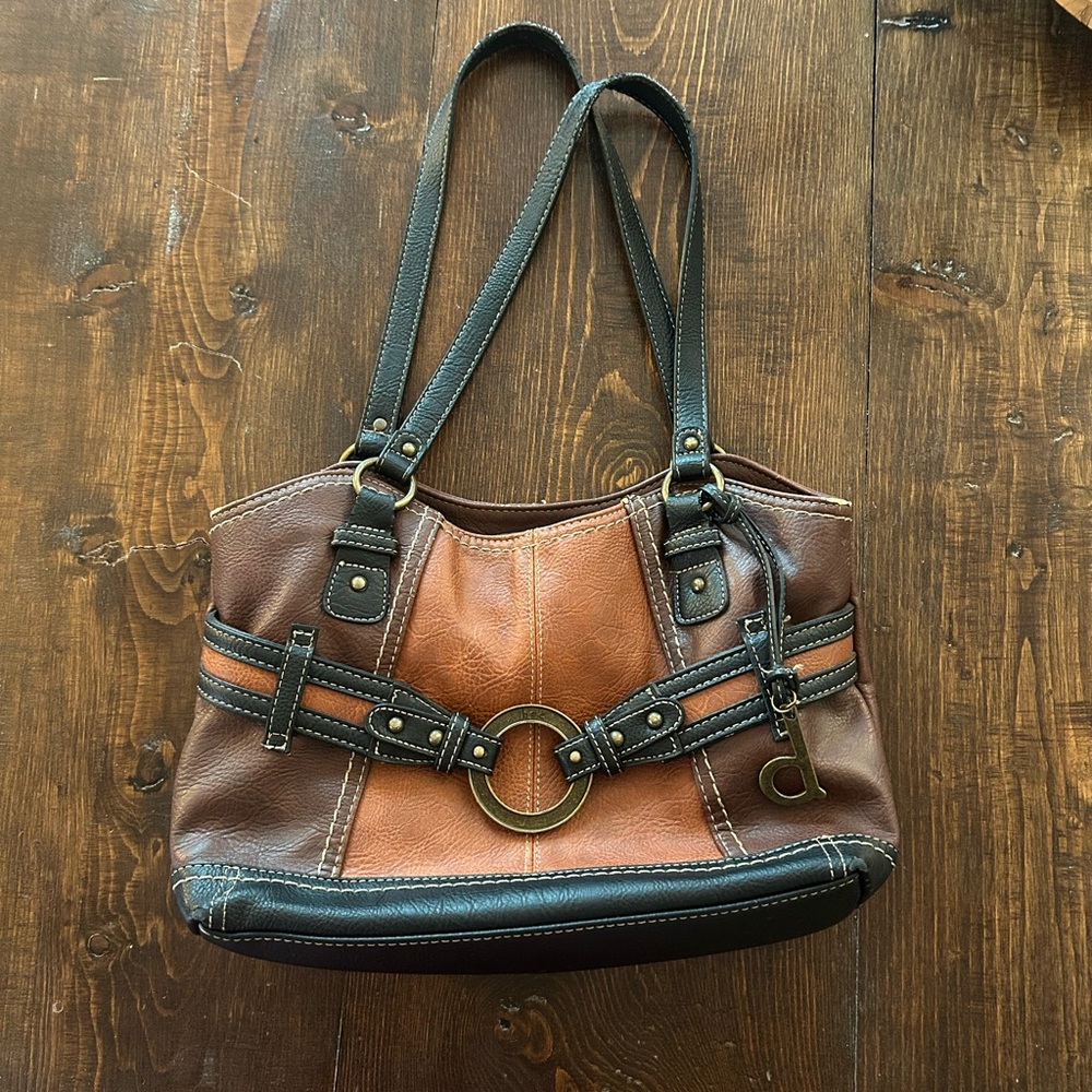 Brown Two-Tone Leather Shoulder Bag with Ring Accent